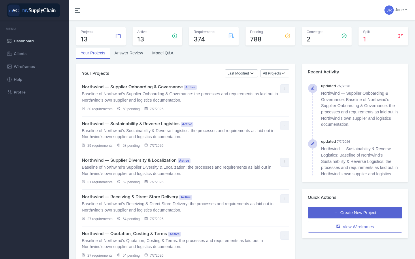 mySupplyChain.ai portfolio dashboard with Converged and Split tiles
