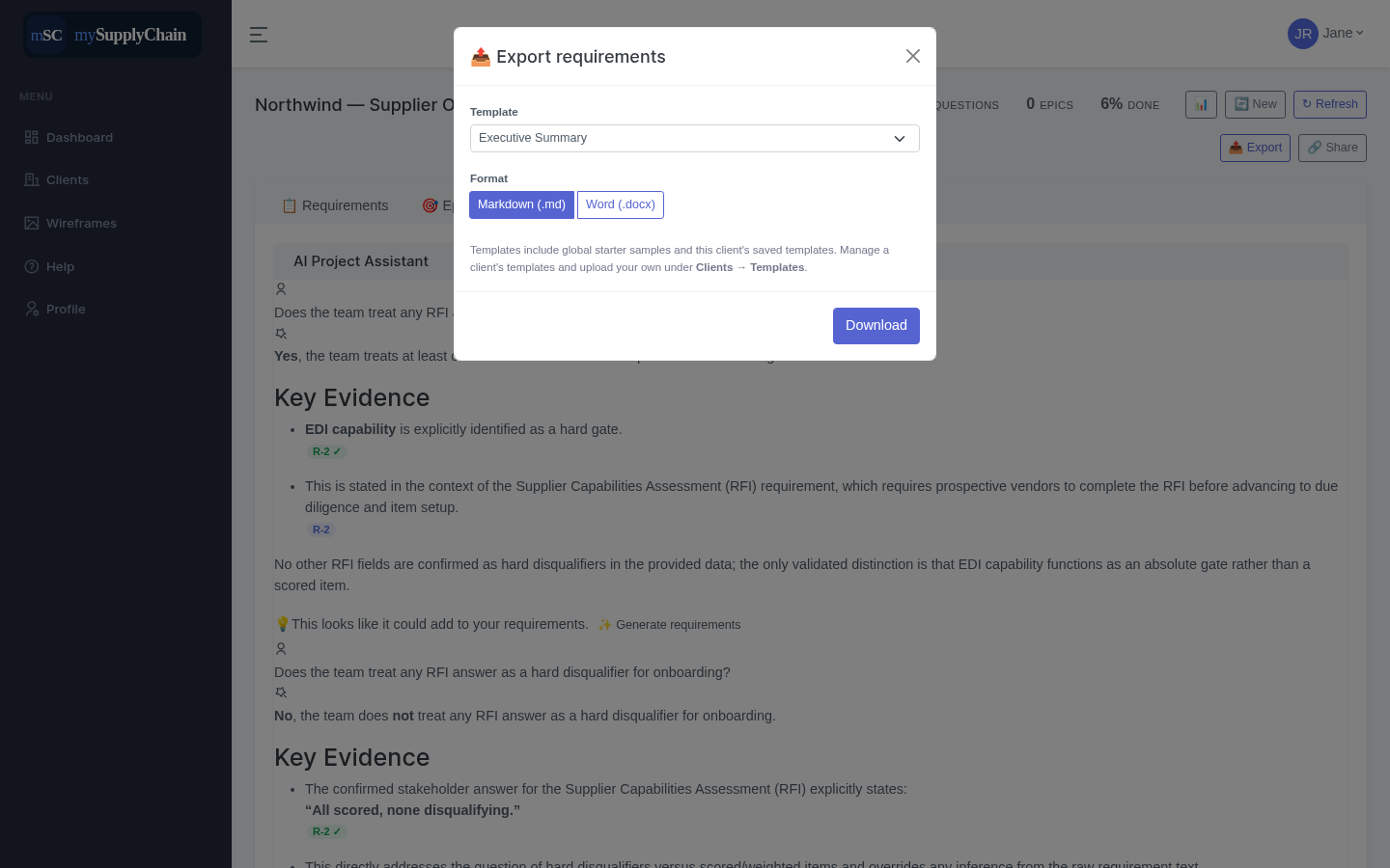 Export to Word and Markdown from editable templates