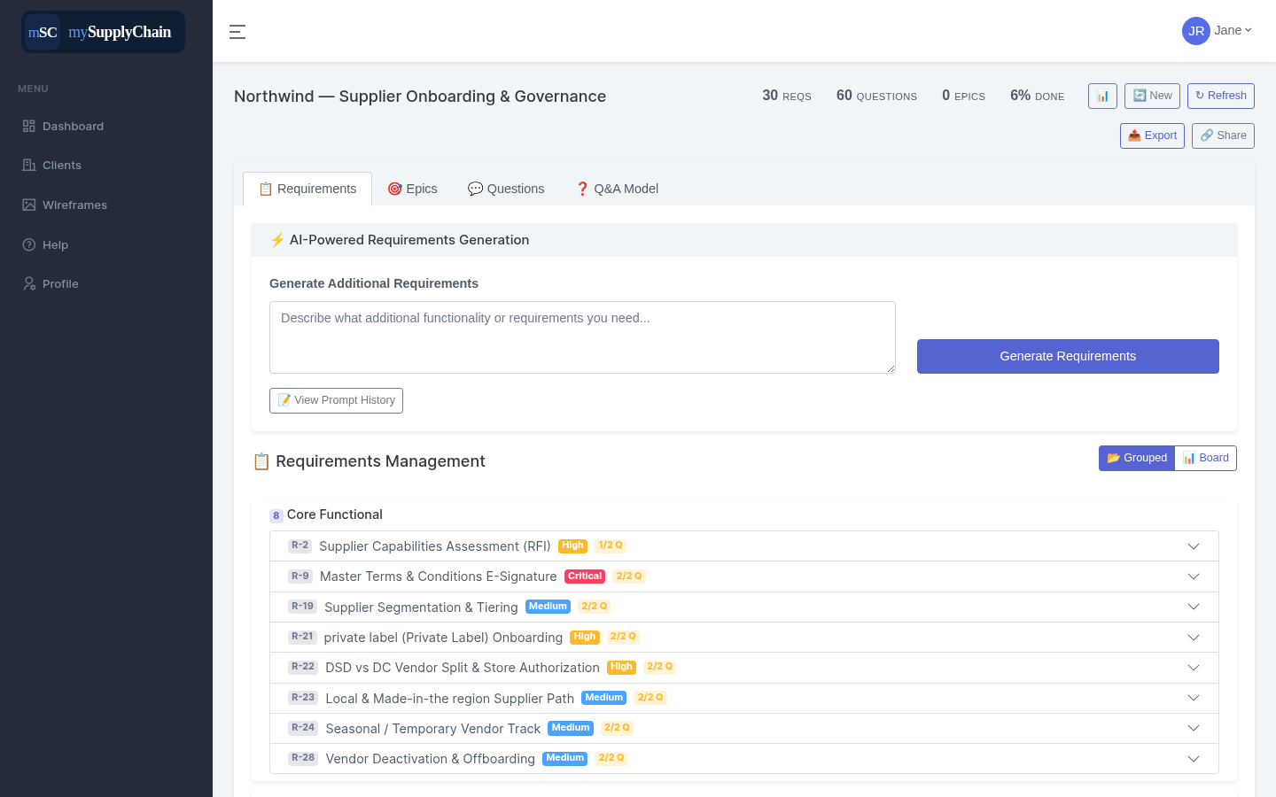 Requirements grouped by category in the client's own voice